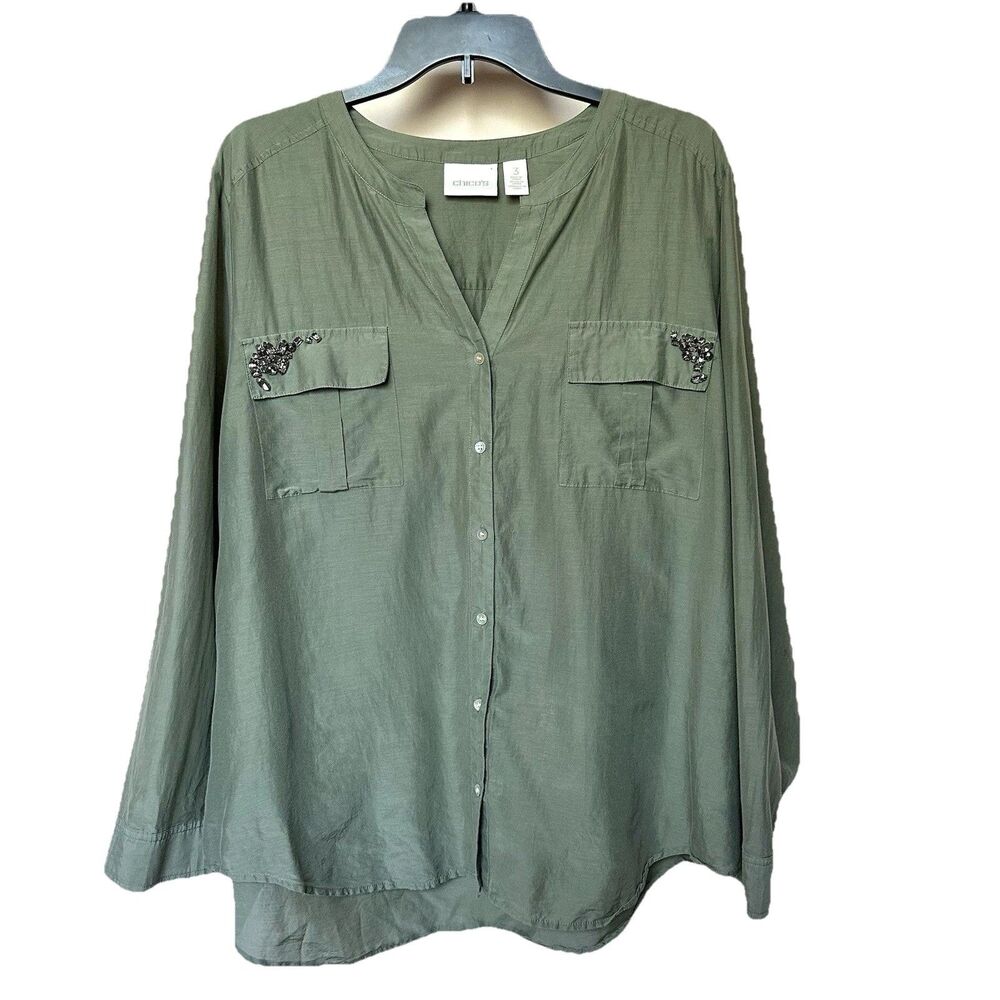 Chicos Shirt Blouse Womens 3 US XL Olive Green Cotton Silk Button Up Jeweled